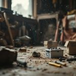 Retour d’expérience : ferrailleur et prix batterie au kilo en vide-maison Batterie au plomb découverte dans une maison ancienne, près de cartons et d’outils, ambiance réaliste de vide-maison.