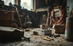 Batterie au plomb découverte dans une maison ancienne, près de cartons et d’outils, ambiance réaliste de vide-maison.