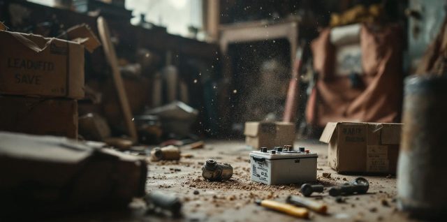 Batterie au plomb découverte dans une maison ancienne, près de cartons et d’outils, ambiance réaliste de vide-maison.