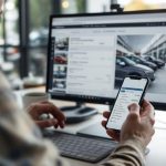 AutoScout24 : les tendances 2026 du marché auto européen qui changent la donne Illustration éditoriale réaliste d’un acheteur comparant des annonces automobiles sur un ordinateur et sur un smartphone dans une ambiance de garage automobile européenne, avec des tons neutres.