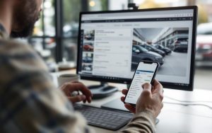 Illustration éditoriale réaliste d’un acheteur comparant des annonces automobiles sur un ordinateur et sur un smartphone dans une ambiance de garage automobile européenne, avec des tons neutres.