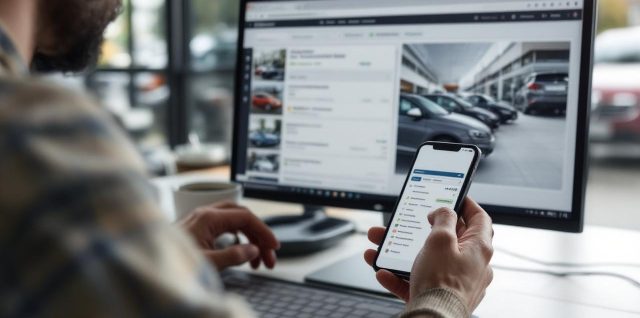 Illustration éditoriale réaliste d’un acheteur comparant des annonces automobiles sur un ordinateur et sur un smartphone dans une ambiance de garage automobile européenne, avec des tons neutres.