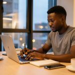 Comment construire son projet professionnel au Sénégal quand on débute Jeune professionnel sénégalais assis à un bureau moderne, utilisant un ordinateur et écrivant dans un carnet, dans une ambiance urbaine confiante avec une lumière de fin de journée.