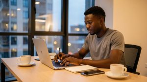 Jeune professionnel sénégalais assis à un bureau moderne, utilisant un ordinateur et écrivant dans un carnet, dans une ambiance urbaine confiante avec une lumière de fin de journée.