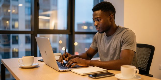 Jeune professionnel sénégalais assis à un bureau moderne, utilisant un ordinateur et écrivant dans un carnet, dans une ambiance urbaine confiante avec une lumière de fin de journée.