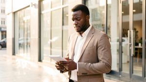 Un jeune homme sénégalais en tenue sobre tient un carnet à la main devant un espace de travail urbain lumineux.