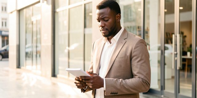 Un jeune homme sénégalais en tenue sobre tient un carnet à la main devant un espace de travail urbain lumineux.
