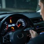 Injection à contrôler : guide pratique pour savoir s’il faut s’arrêter Tableau de bord d’une voiture éclairé, le voyant d’injection reste allumé tandis qu’un conducteur masculin attentif observe les instruments dans une ambiance réaliste et rassurante.