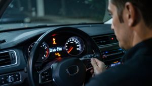 Tableau de bord d’une voiture éclairé, le voyant d’injection reste allumé tandis qu’un conducteur masculin attentif observe les instruments dans une ambiance réaliste et rassurante.