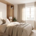 Aménager une chambre pour mieux dormir : lumière, rangement et circulation Chambre lumineuse et apaisante avec rangements discrets, rideaux occultants, matières naturelles et ambiance douce.