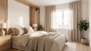 Chambre lumineuse et apaisante avec rangements discrets, rideaux occultants, matières naturelles et ambiance douce.