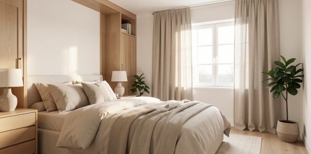 Chambre lumineuse et apaisante avec rangements discrets, rideaux occultants, matières naturelles et ambiance douce.