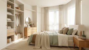 Chambre lumineuse et apaisante au style contemporain naturel, avec rangements discrets, textiles doux, mobilier en bois clair et lumière matinale.