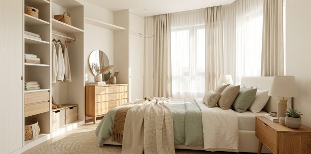 Chambre lumineuse et apaisante au style contemporain naturel, avec rangements discrets, textiles doux, mobilier en bois clair et lumière matinale.