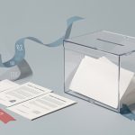 Illustration éditoriale sobre montrant des bulletins de vote vierges de style français, une urne transparente et une frise chronologique abstraite évoquant l’histoire politique du XXe siècle.