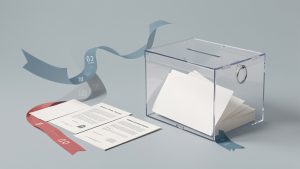 Illustration éditoriale sobre montrant des bulletins de vote vierges de style français, une urne transparente et une frise chronologique abstraite évoquant l’histoire politique du XXe siècle.