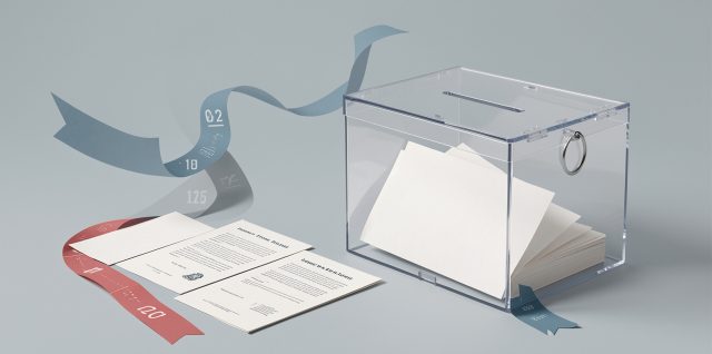 Illustration éditoriale sobre montrant des bulletins de vote vierges de style français, une urne transparente et une frise chronologique abstraite évoquant l’histoire politique du XXe siècle.