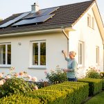 Contrôles entretien maison saine : 7 vérifications utiles Une propriétaire inspecte la toiture, les fenêtres et les gouttières d’une maison familiale lumineuse entourée d’un jardin bien entretenu.