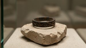 Bague antique grecque en fer sombre présentée dans une vitrine de musée, avec des traces de corrosion visibles et un décor archéologique sobre.