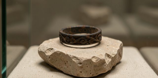 Bague antique grecque en fer sombre présentée dans une vitrine de musée, avec des traces de corrosion visibles et un décor archéologique sobre.