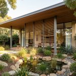 Comment construire des logements sobres, modulables et résistants au climat ? Maison familiale contemporaine entourée de végétation, avec brise-soleil extérieurs, toiture protectrice et jardin de pluie sous une lumière estivale réaliste.