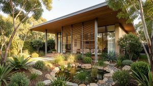 Maison familiale contemporaine entourée de végétation, avec brise-soleil extérieurs, toiture protectrice et jardin de pluie sous une lumière estivale réaliste.