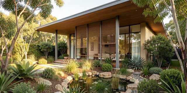 Maison familiale contemporaine entourée de végétation, avec brise-soleil extérieurs, toiture protectrice et jardin de pluie sous une lumière estivale réaliste.