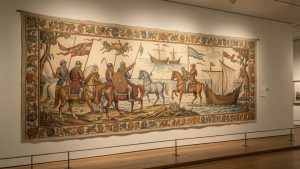 Tapisserie médiévale brodée sur lin, déployée dans une galerie de musée éclairée par une lumière douce, avec des cavaliers normands et des chevaux représentés dans des tons ocre, rouille, indigo et vert.