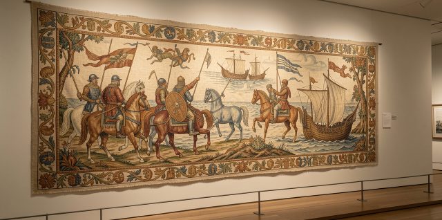 Tapisserie médiévale brodée sur lin, déployée dans une galerie de musée éclairée par une lumière douce, avec des cavaliers normands et des chevaux représentés dans des tons ocre, rouille, indigo et vert.