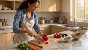 Cuisine moderne lumineuse et chaleureuse, avec une femme préparant des légumes de la main gauche sur un plan de travail organisé.