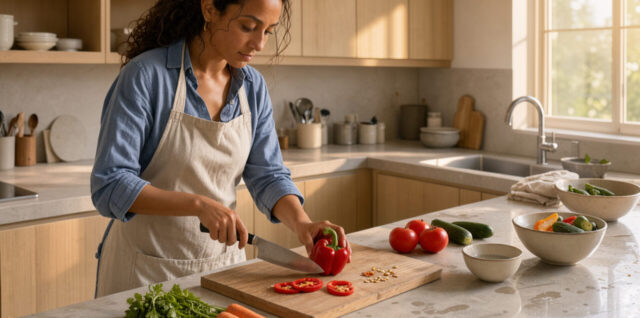 Cuisine moderne lumineuse et chaleureuse, avec une femme préparant des légumes de la main gauche sur un plan de travail organisé.