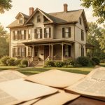 Quelles sources choisir pour étudier Lizzie Borden, entre faits, procès et mythes ? Illustration réaliste d'une maison victorienne de Fall River en 1892, baignée par la lumière chaude de la fin de l'été, avec des documents d'archives et des journaux anciens au premier plan.