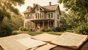 Illustration réaliste d'une maison victorienne de Fall River en 1892, baignée par la lumière chaude de la fin de l'été, avec des documents d'archives et des journaux anciens au premier plan.