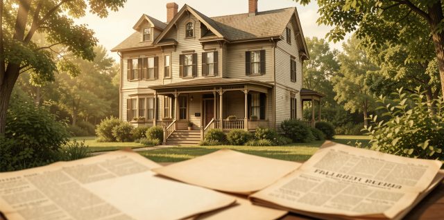 Illustration réaliste d'une maison victorienne de Fall River en 1892, baignée par la lumière chaude de la fin de l'été, avec des documents d'archives et des journaux anciens au premier plan.