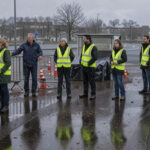 Comment retracer les Gilets jaunes à Brest, évacuations, blocus et témoignages ? Scène documentaire réaliste d’hommes et de femmes portant des gilets jaunes près d’un barrage filtrant sur un rond-point brestois, sous une pluie fine et un ciel hivernal gris.
