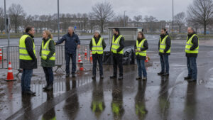 Scène documentaire réaliste d’hommes et de femmes portant des gilets jaunes près d’un barrage filtrant sur un rond-point brestois, sous une pluie fine et un ciel hivernal gris.