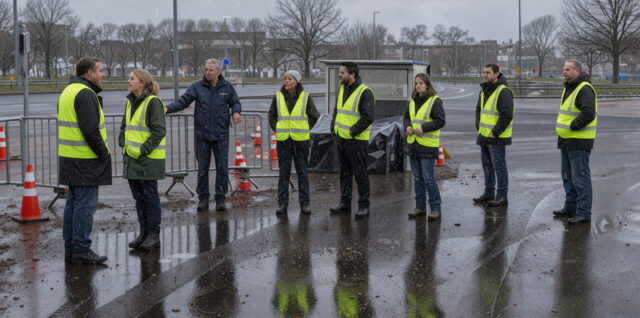Scène documentaire réaliste d’hommes et de femmes portant des gilets jaunes près d’un barrage filtrant sur un rond-point brestois, sous une pluie fine et un ciel hivernal gris.