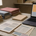 Quelles archives choisir pour présenter l’histoire et les idées de Génération.s ? Table de travail lumineuse avec dossiers d’archives politiques françaises, feuillets non lisibles, carnet vierge et ordinateur portable affichant une interface abstraite.