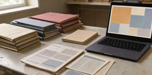 Table de travail lumineuse avec dossiers d’archives politiques françaises, feuillets non lisibles, carnet vierge et ordinateur portable affichant une interface abstraite.