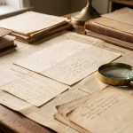 Quelles sources choisir pour retracer l’histoire de la grève de la faim ? Table de travail d’historien avec documents anciens, dossiers d’archives et loupe en laiton, éclairée par une lumière douce dans une ambiance éditoriale réaliste.