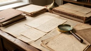 Table de travail d’historien avec documents anciens, dossiers d’archives et loupe en laiton, éclairée par une lumière douce dans une ambiance éditoriale réaliste.