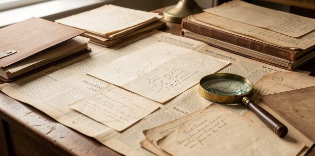 Table de travail d’historien avec documents anciens, dossiers d’archives et loupe en laiton, éclairée par une lumière douce dans une ambiance éditoriale réaliste.