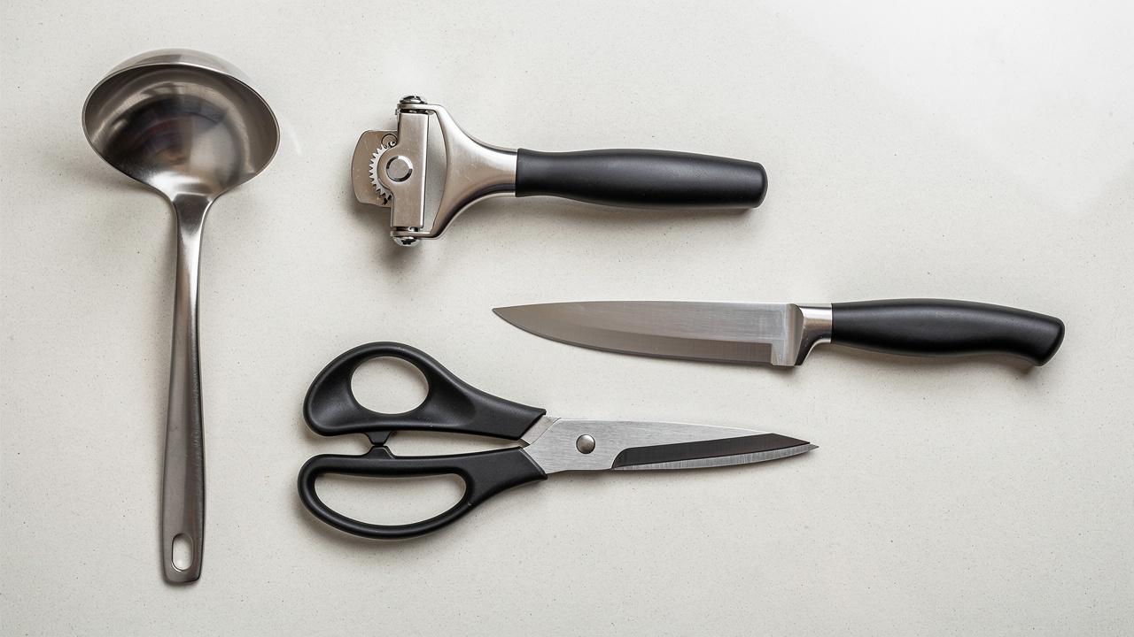 Vue à plat d’une louche à bec inversé, d’un ouvre-boîte, de ciseaux et d’un couteau pour gaucher, disposés sur un fond de cuisine clair.